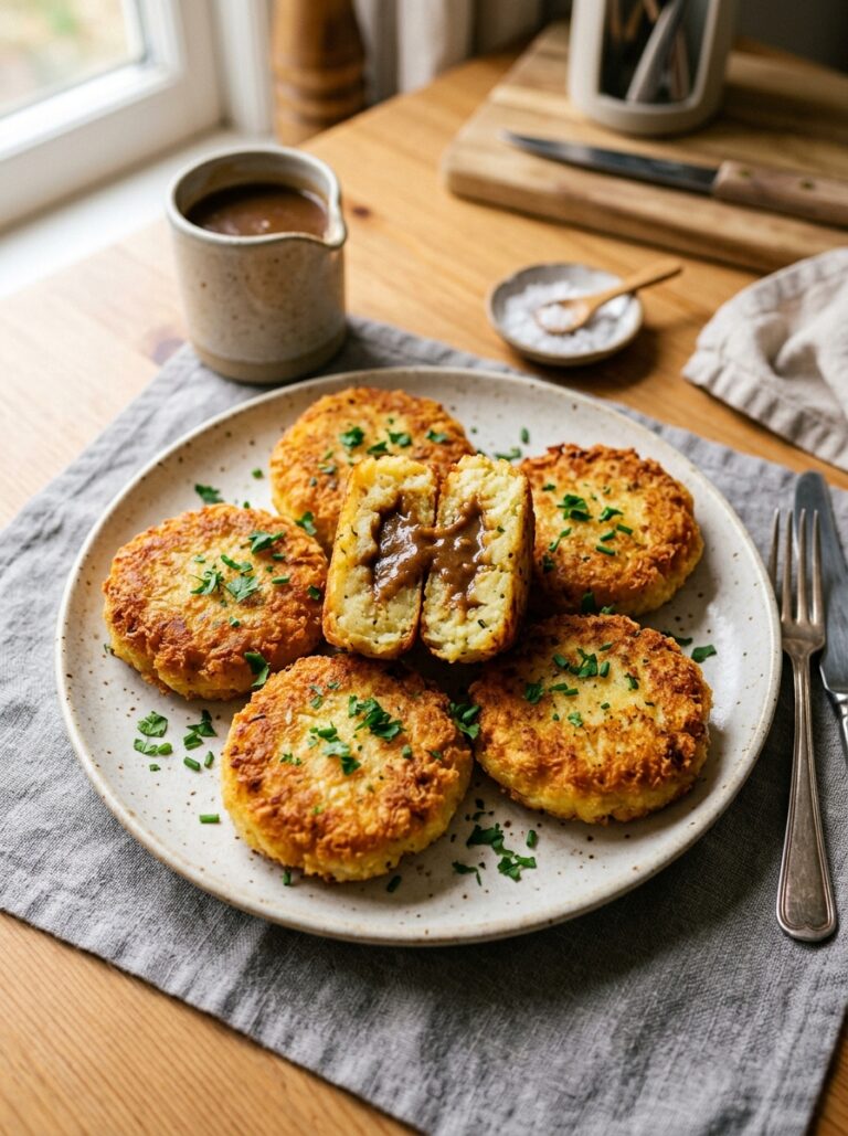 Country Fried Beef Gravy Stuffed Cheddar Potato Cakes
