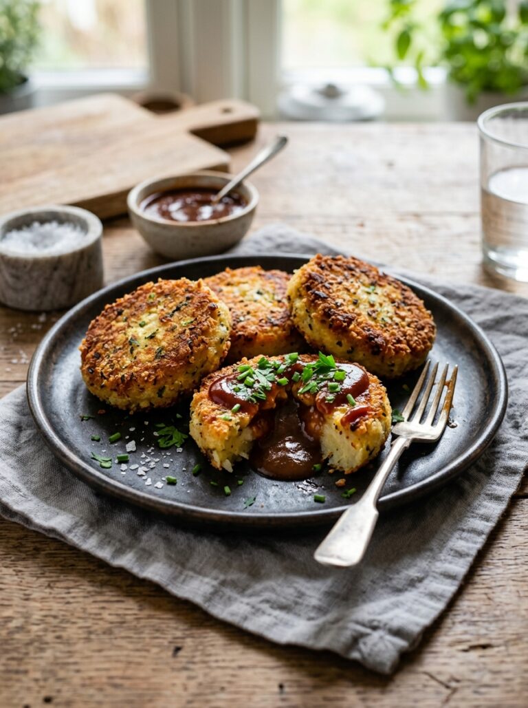 BBQ Beef Gravy Stuffed Cheddar Potato Cakes