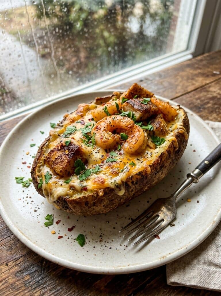 Loaded Creamy Cajun Salmon & Shrimp Garlic Parmesan Potato Boats
