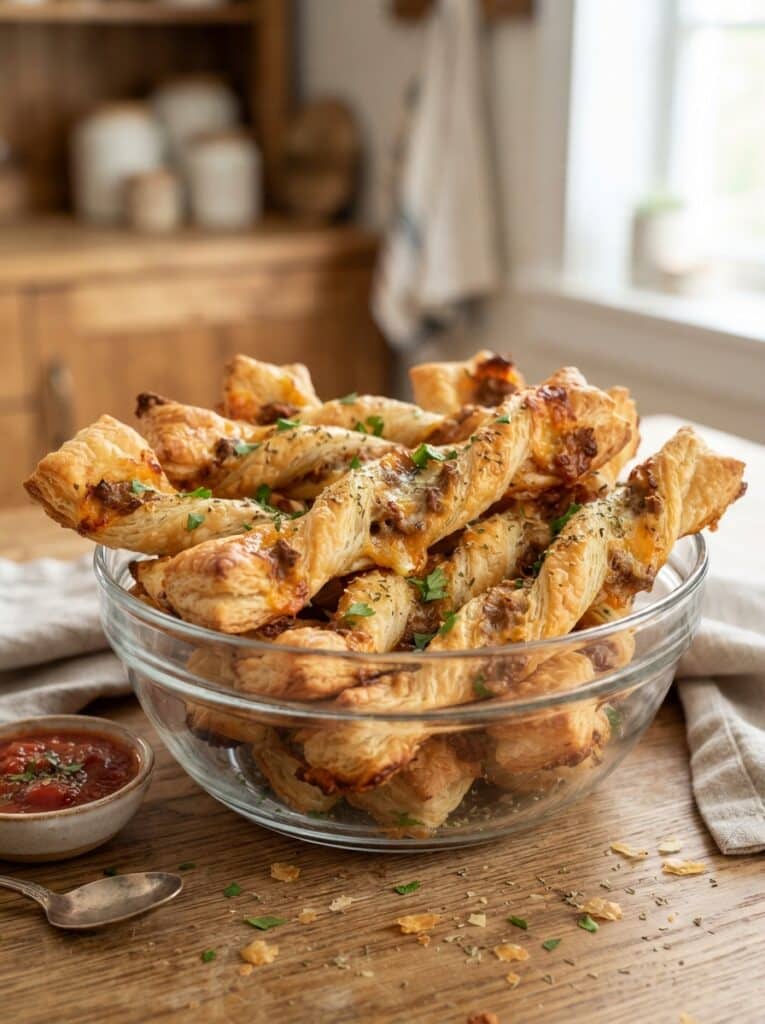 Cheesy Beef Puff Pastry Twists